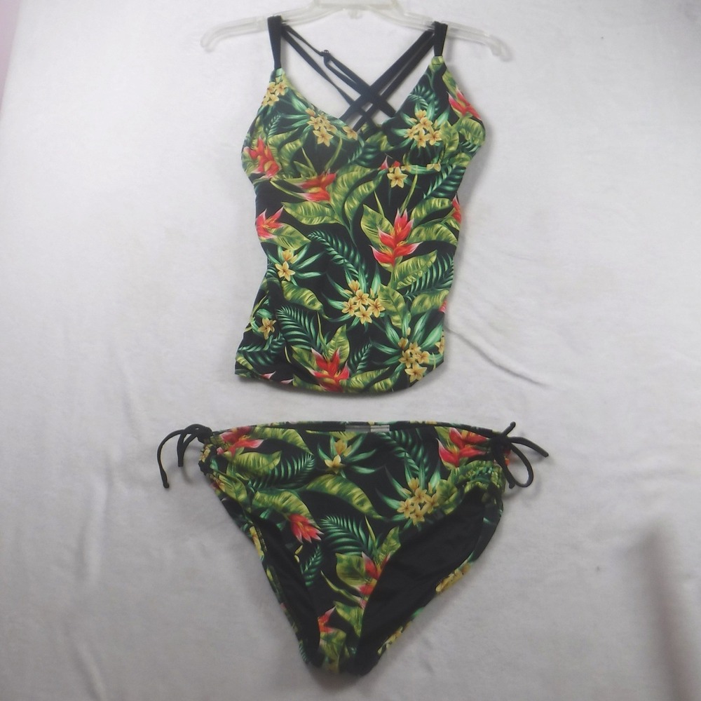 Calia by Carrie Underwood Tropical Floral Tankini Set Black Green Medium - Picture 13 of 13